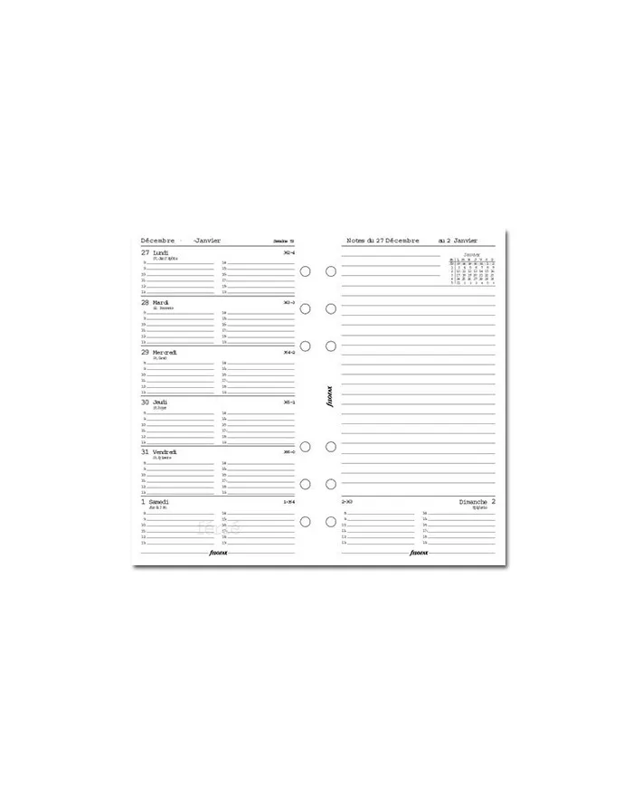 Filofax - Recharge PERSONAL semaine sur 1 page + notes + heures en français 2026
