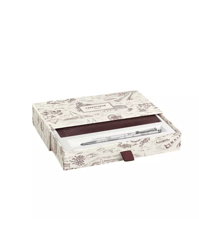 Set Stylo Bille Ecridor™ Toile de Jouy & Étui en Cuir Bordeaux
