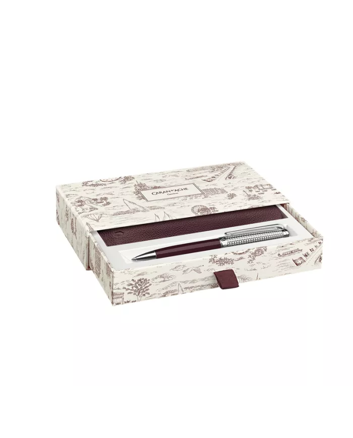 Set Stylo Bille Léman™ Toile de Jouy & Étui en Cuir Bordeaux