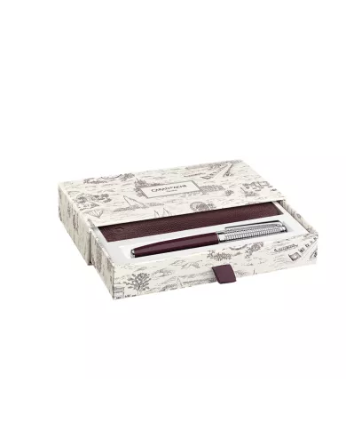 Set Stylo Plume Léman™ Toile de Jouy & Étui en Cuir Bordeaux
