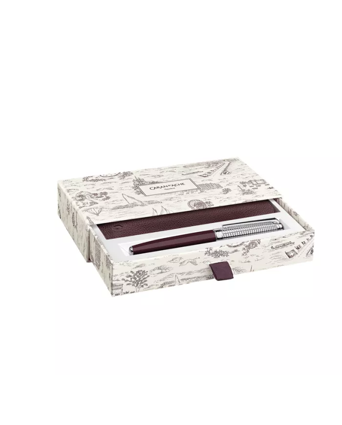 Set Stylo Plume Léman™ Toile de Jouy & Étui en Cuir Bordeaux