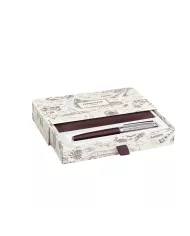 Set Stylo Bille Léman™ Toile de Jouy & Étui en Cuir Bordeaux